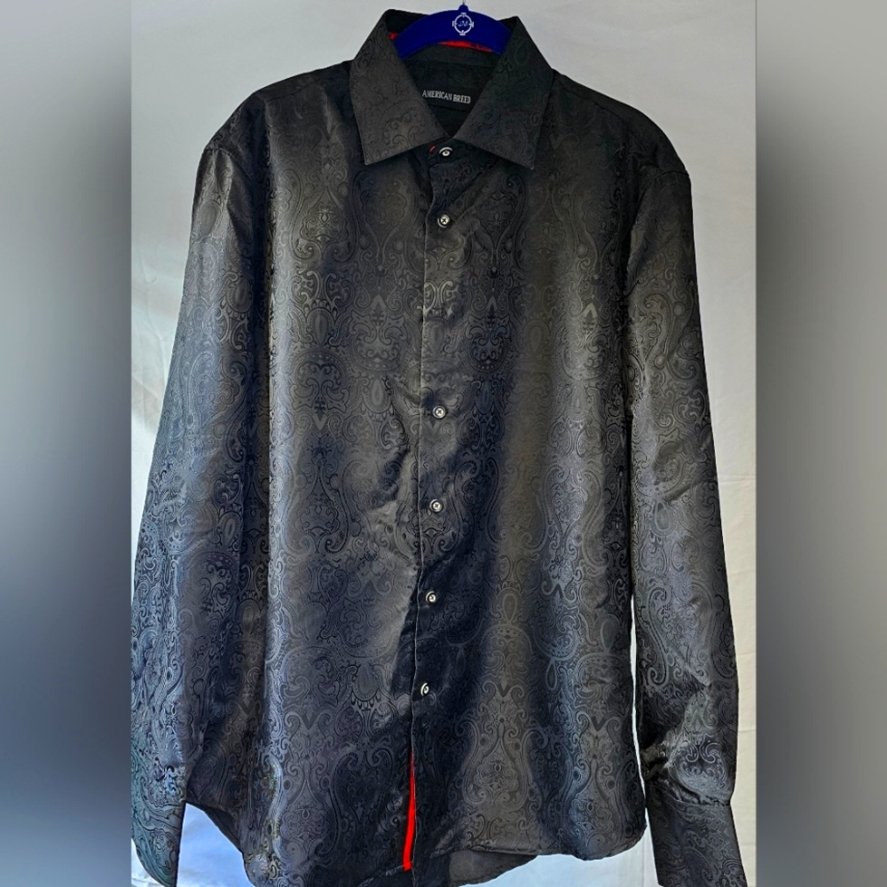 American Breed Men's Button Up Shirt Long Sleeve Black With Red Accents Sz Large